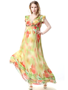 Multicolor impression profonde-V robe Maxi Polyester pour les femmes