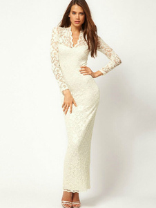 Dentelle blanche semi Sheer Maxi robe pour femmes