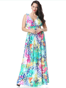 Multicolor impression profonde-V Chic lait de soie robe Maxi pour les femmes