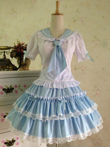 Sweet Lolita blanc Blouse manches courtes volants bleu ciel col Bow
