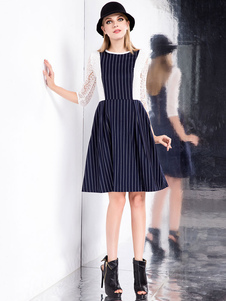 Robe de Flare dentelle rayures deux tons pour femme