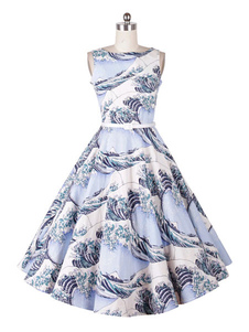 Vagues multicolore volants imprimés coton robe Vintage pour femmes