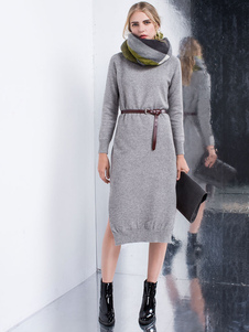 Split gris avant Polyester tricoté robe pour femmes