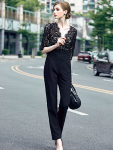 Dentelle noire profonde-V Jumpsuit élégant pour les femmes