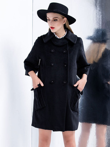Manteau en laine noir poches double-breasted des femmes
