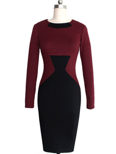 Color Block Plaids Polyester Bodycon Dress pour femmes