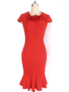 Robe Bodycon Polyester plissé fleurs rouges pour les femmes
