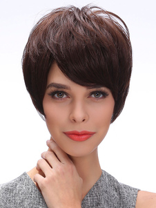 Brun court Bangs inclinée droite perruques pour femmes