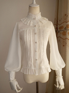 Lolita de mousseline de soie blanche Blouse Gigot Long manches volants Stand col