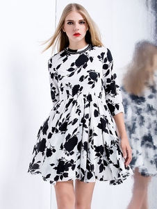 Deux tons volants imprimés coton évasé robe pour femmes