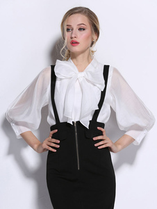 Boucles blanches bouffantes manches chemisier en soie pour femmes