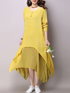 Robe coton jaune boutons Chic pour les femmes