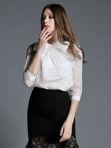 Blanc perlé Stripes chemisier en soie pour femmes