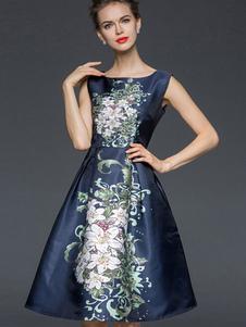 Satin de coton imprimé multicolore évasée robe pour femmes