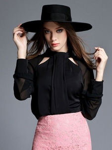 Chemisier de soie noir découpes branché pour les femmes