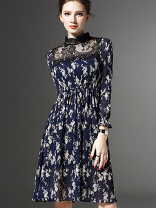 Mousseline de soie imprimé dentelle multicolore évasée robe pour femmes