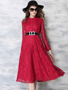 Boutons de Sash dentelle rouge évasée robe pour femmes