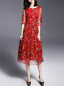 Rouge tendance mousseline Maxi robe imprimée pour les femmes