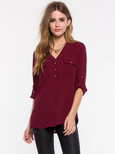 Bourgogne boutons poches chemisier en mousseline de soie pour les femmes