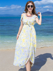 Impression blanche Cold-Shoulder robe Maxi pour les femmes