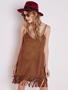 Frange brune bretelles velours robe pour femmes