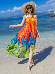 Multicolor impression robe sans bretelles en mousseline de soie Maxi femmes