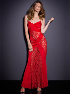 Rouge bretelles dos-nu dentelle robe Maxi pour les femmes