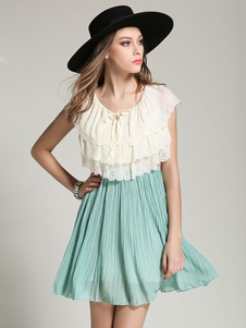 Color Block volants en mousseline de soie robe évasée pour femmes