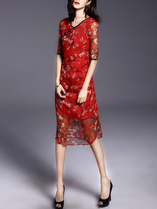 Rouge imprimée en mousseline de soie robe pour femmes