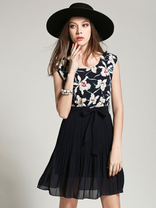 Mousseline de soie multicolore arcs impression évasée robe pour femmes