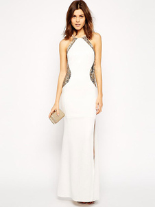 Blanc Sequins haute-Split Maxi robe pour femmes