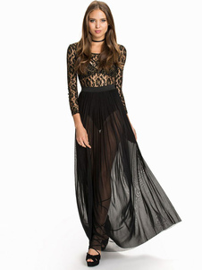 Maxi robe dentelle noire semi Sheer pour femmes