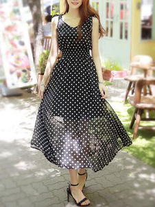 Deux tons Polka Dots mousseline de soie robe Maxi pour les femmes