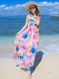 Sangles impression multicolore en mousseline de soie robe Maxi pour les femmes