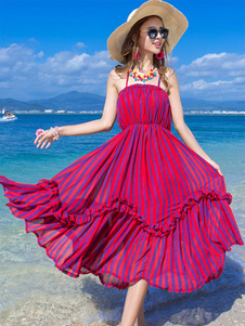 Sangles bicolore rayures robe Maxi en mousseline de soie pour les femmes