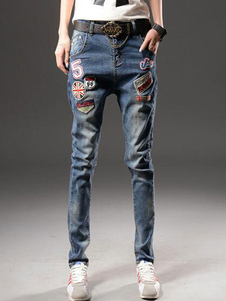 Lettres et Logos bleu coton imprimé déchiré Jeans pour femmes