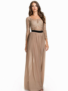 Abricot profond Sash dentelle volants robe Maxi Polyester pour les femmes