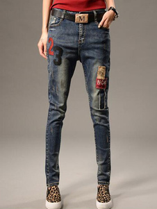 Bleu profond numéros imprimés coton droite déchiré Jeans pour femmes