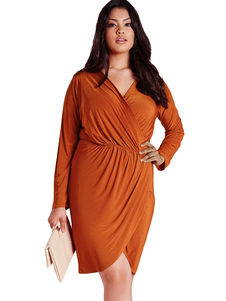 Robe Bodycon Polyester avant Wrap ruché orange pour les femmes