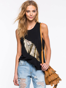 Feuille noire coton impression Camisole pour femmes