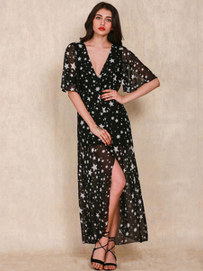 Impression haute-Split profonde-V en mousseline de soie robe noire pour les femmes