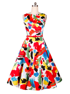 Multicolor Print Trendy Ruffles robe Vintage pour femmes