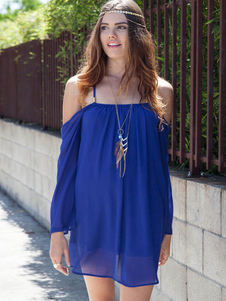 Bleu de Criss-Cross bretelles Backless robe en mousseline de soie pour les femmes