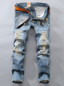 Denim bleu léger fermetures à glissière droite Jeans pour hommes