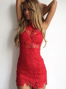 Robe Bodycon dentelle rouge semi Sheer pour femmes