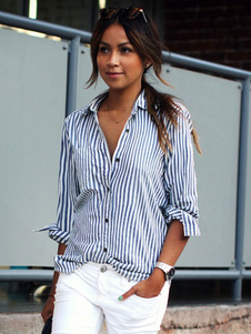 Rayures deux tons ouvert avant Polyester Blouse pour femmes