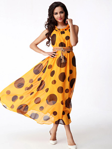 Pois jaune Sash robe Maxi pour les femmes