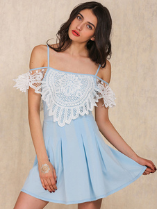 Lumière bleu bretelles dentelle robe courte Polyester pour les femmes