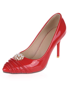 Perles rouges Pointed Toe brevets PU Pumps mariées pour les femmes