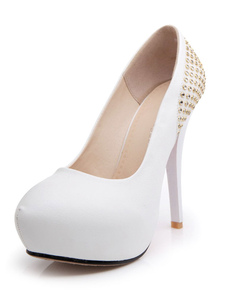 Blanc Rivets plate-forme PU soirée et mariées pompes pour les femmes